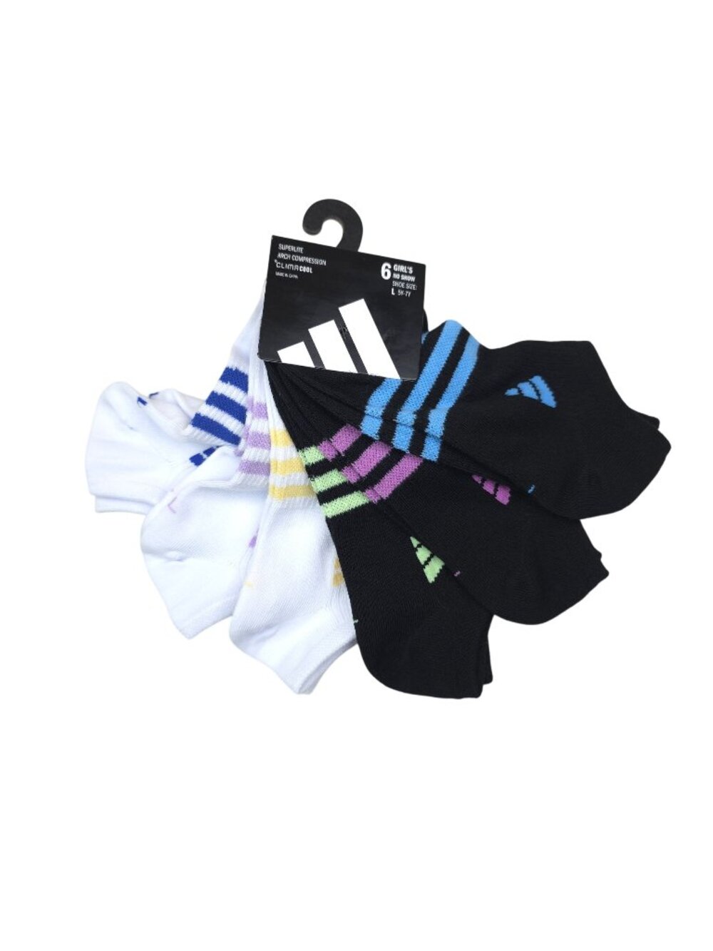 Adidas Girls Superlite Arch Compression No Show Socks 6-Pack Large (5Y-7Y)